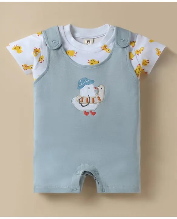 ToffyHouse Cotton Woven Dungaree Style Romper & Half Sleeves T-Shirt With Bird Embroidery & Print - Blue & White